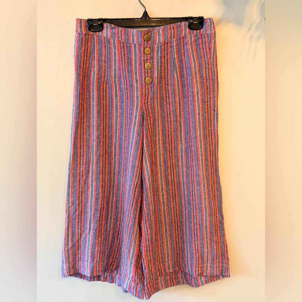 VANILLA STAR Striped Wide-Leg Linen Blend Capri Pants